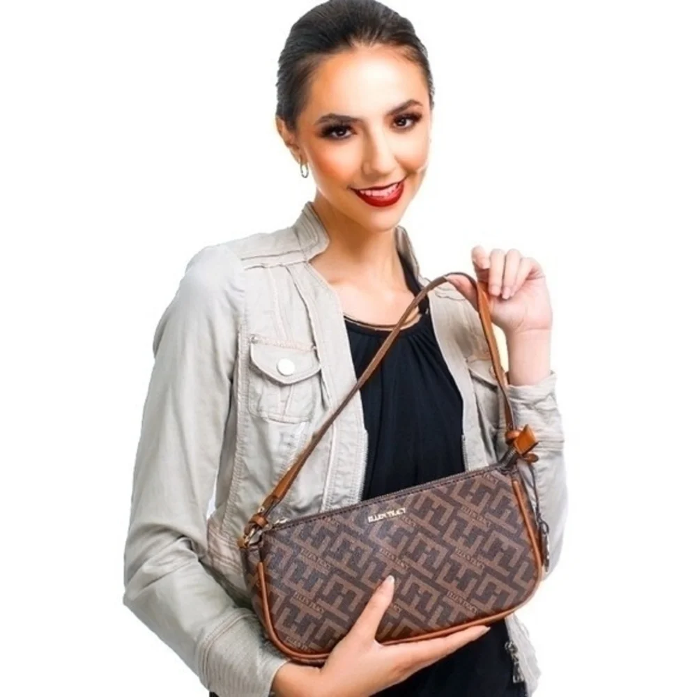 ELLEN TRACY Brown Signature Print Baguette Shoulder Bag NWT Vegan Leather